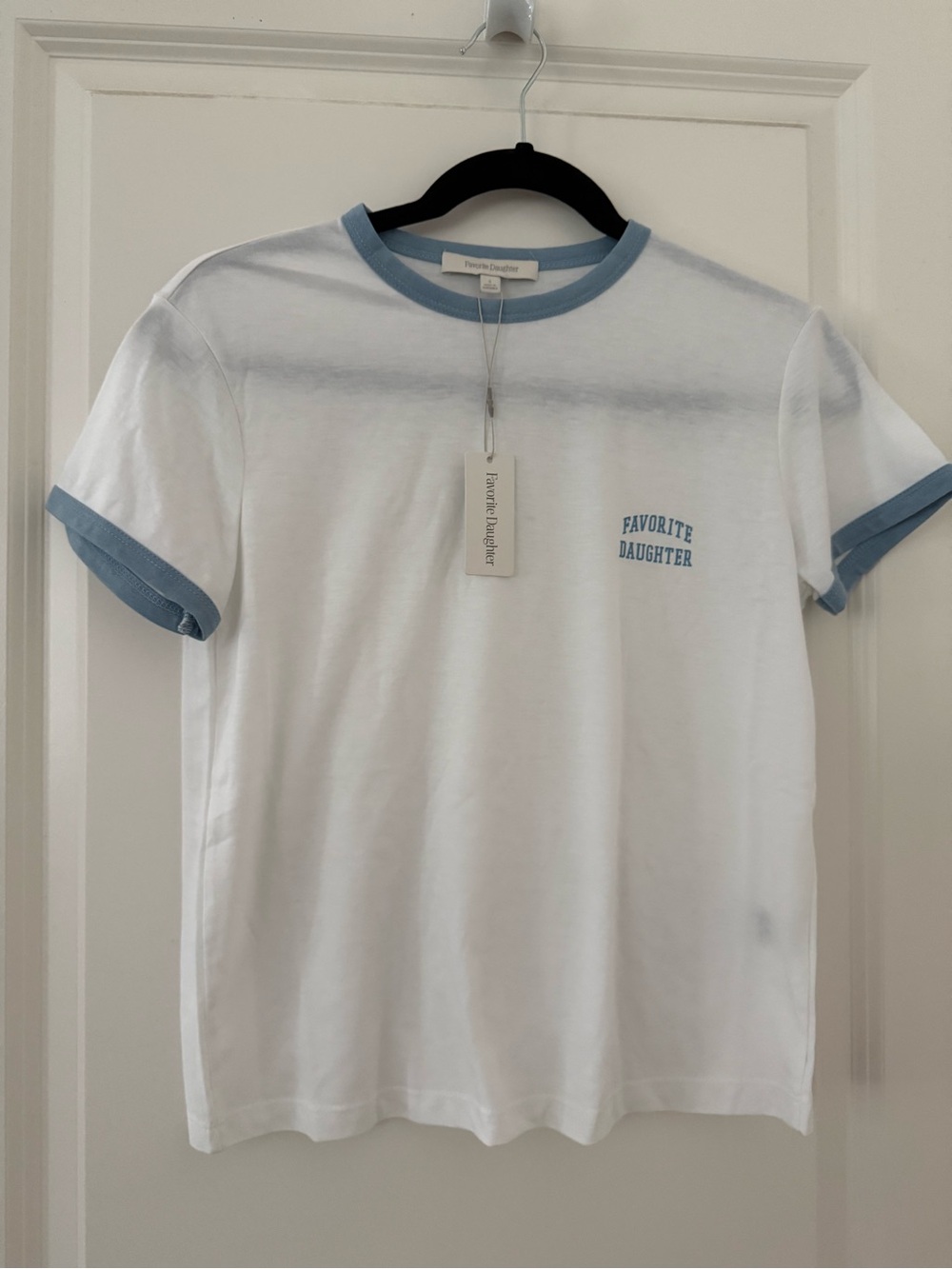Favorite Daughter White Ringer Tee with Light Blue Trim